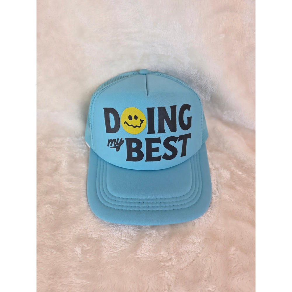Womens Blue Mesh Trucker Hat "Doing My Best" Smiley Face Graphic